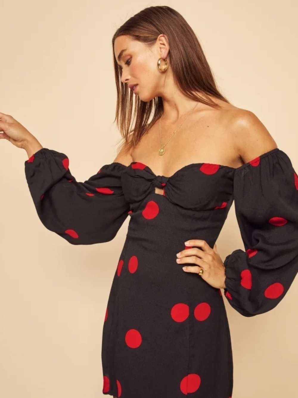Reformation Polka Dot Mini Dress Black Red Off Shoulder Puff Sleeve Womens 6